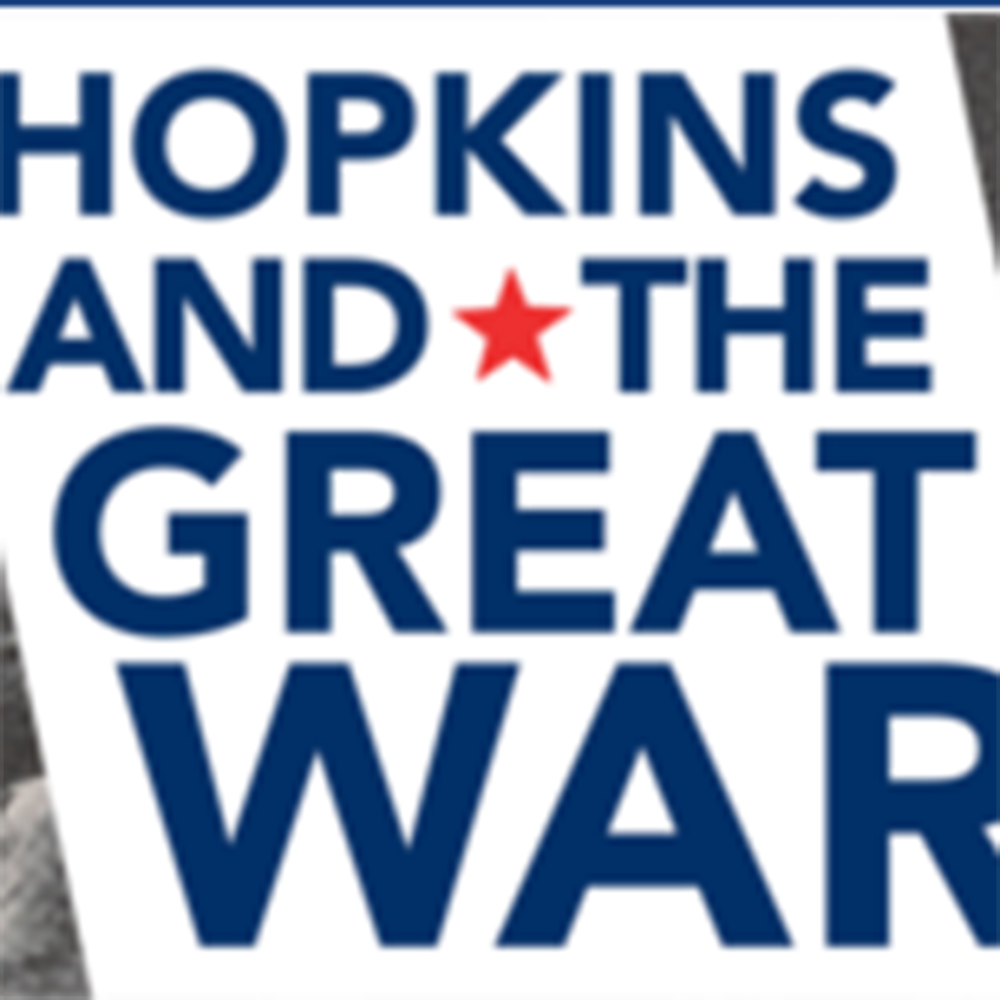A banner for an online exhibit with the title "Hopkins and the Great War". A red star sits in the center of the title. Behind the title are black and white images of soldiers.