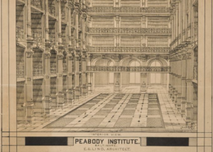 The bottom half of a lithograph of the interior of an ornate, library interior without furniture.