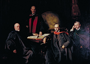 An oil painting depicting four men in academic robes sitting and one standing around a table with open books and large globe behind them.
