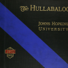 Close up of the 1905 JHU yearbook cover, titled The Hullabaloo. It has a dark cover with a blue sash across its front and the name Johns Hopkins University in gold.