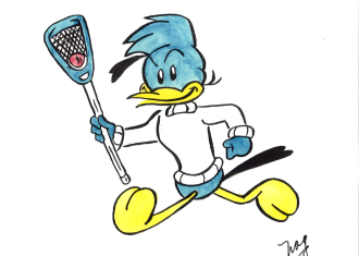 Cartoon Blue Jay runs wears a white sweaters and runs with a lacrosse stick.