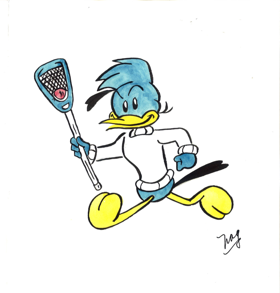 Cartoon Blue Jay runs wears a white sweaters and runs with a lacrosse stick.