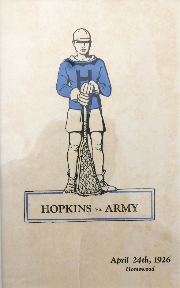 Cover with drawing of a Hopkins lacrosse player the words Hopkins vs Army April 24th 1926 Homewood below him.