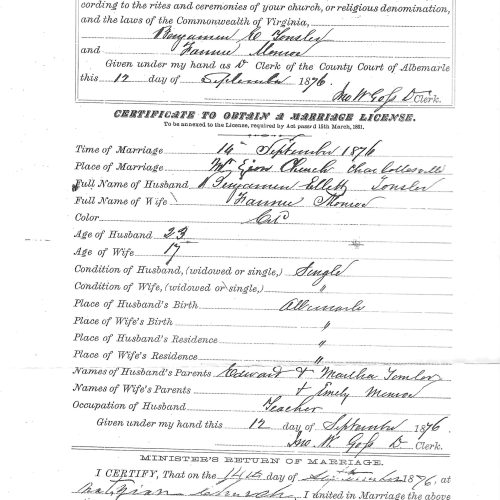 A scan of a marriage license for Benjamin Tonsler and Fannie Monroe on September 14th, 1876.