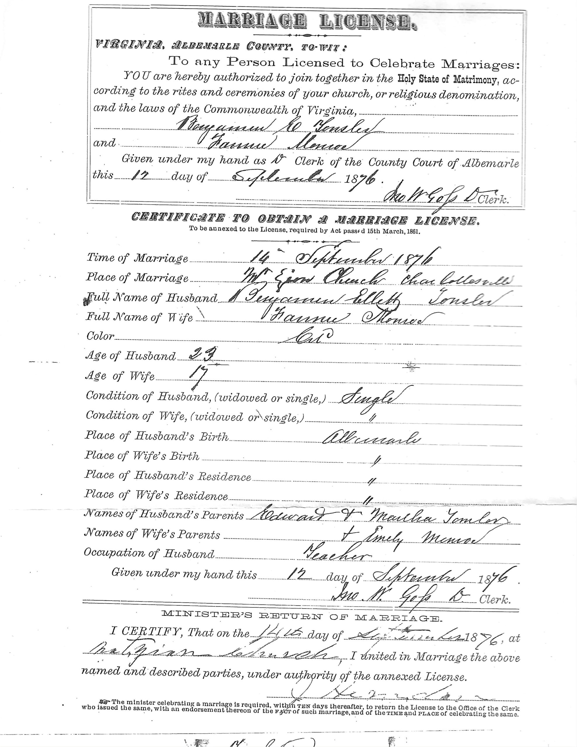 A scan of a marriage license for Benjamin Tonsler and Fannie Monroe on September 14th, 1876.