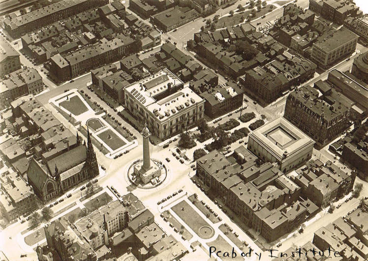 Sepia toned aerial photo of Mt. Vernon including George Washington Monument and Peabody Institute.